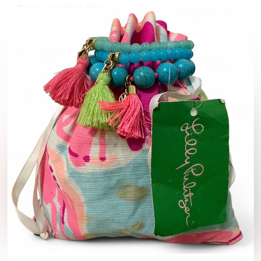 Lilly Pulitzer Turquoise Beaded Tassel Bracelet Set | Boho Resort Stack.